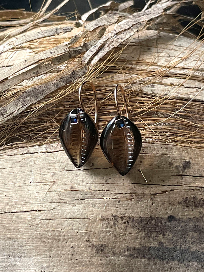 dezso by sara beltran Tiny Smokey Quartz Cowry Earrings with Sapphires