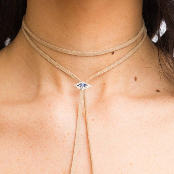 Diane Kordas Beige Evil Eye Blue Sapphire Bolo Necklace