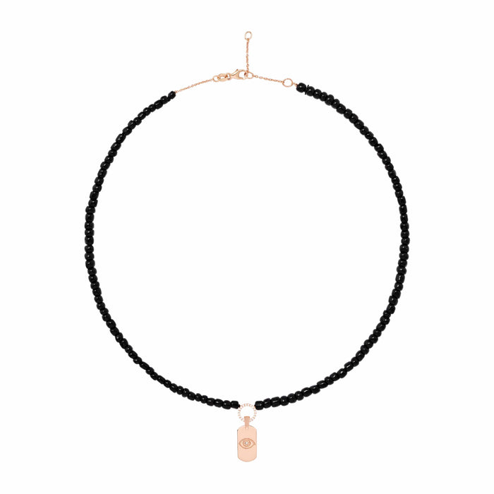 Diane Kordas Black Beaded Necklace With Mini ID Tag