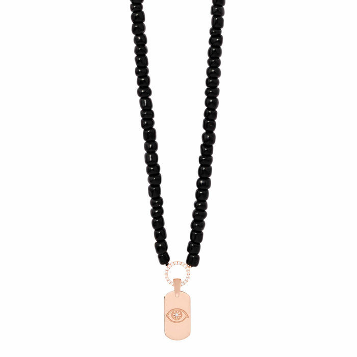 diane kordas Black Beaded Necklace With Mini ID Tag