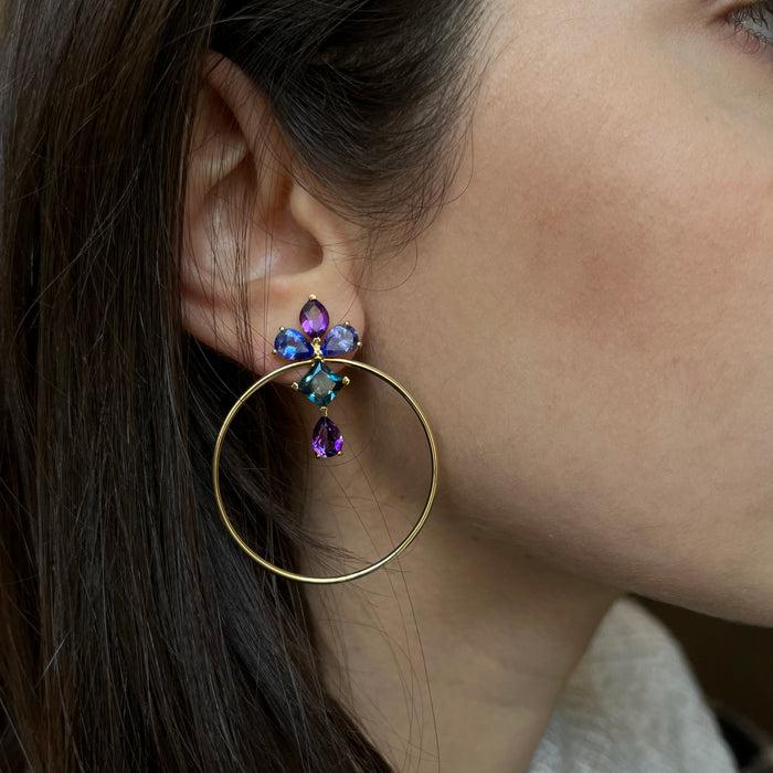 Diane Kordas Blue Topaz Amethyst And Tanzanite Hoop Earrings