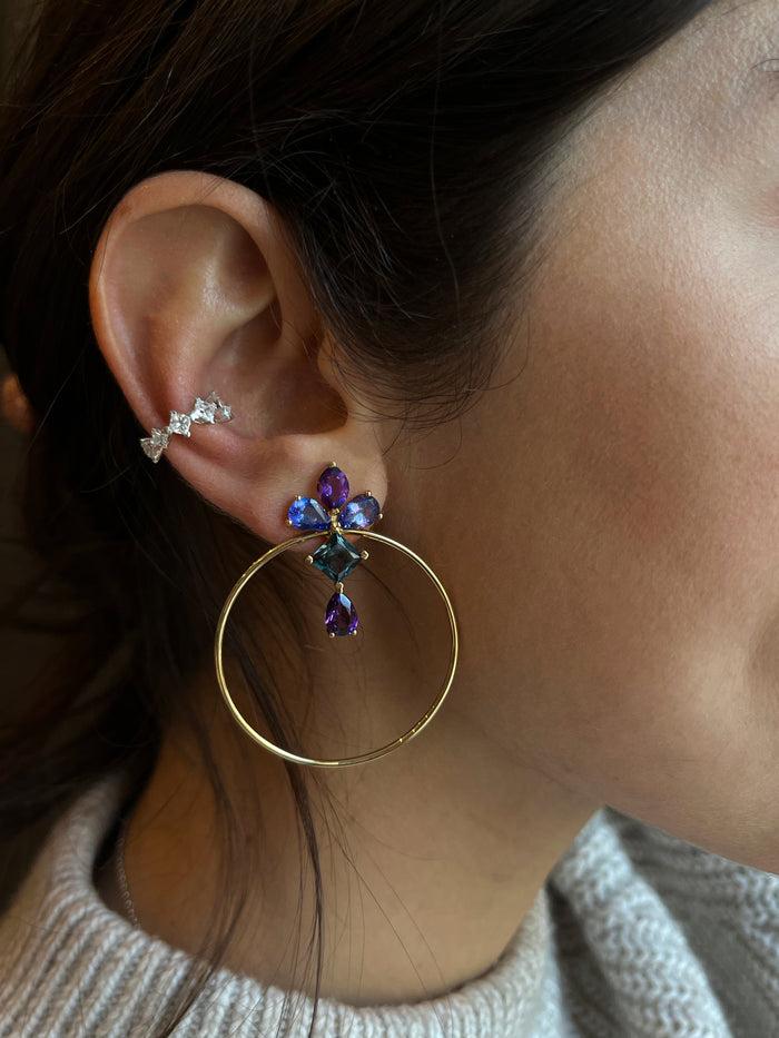 Diane Kordas Blue Topaz Amethyst And Tanzanite Hoop Earrings