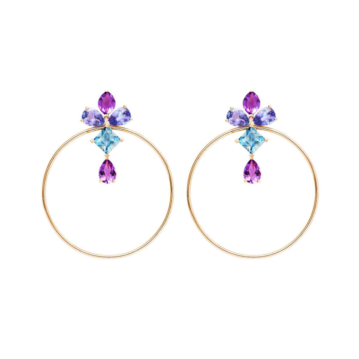 diane kordas Blue Topaz Amethyst And Tanzanite Hoop Earrings