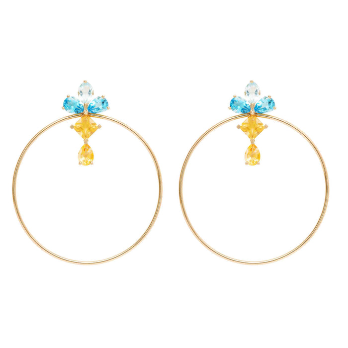 diane kordas Citrine And Blue Topaz Hoop Earrings