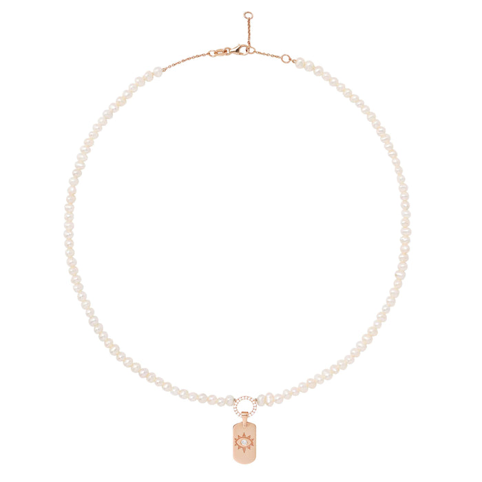 Diane Kordas White Pearl Necklace With Mini ID Tag