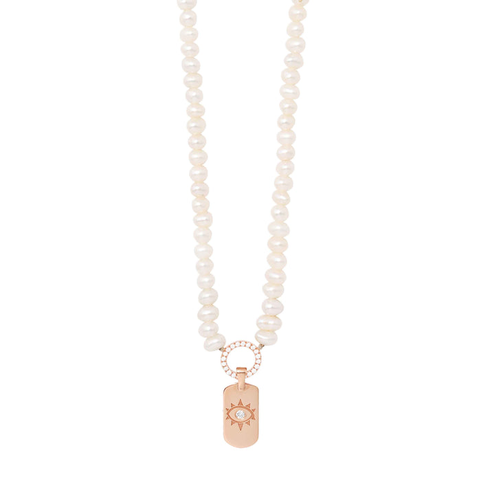 diane kordas White Pearl necklace With Mini ID Tag