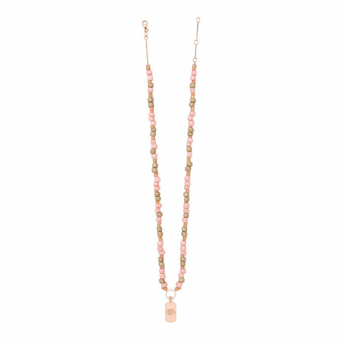 Diane Kordas Dusty Pink Beaded Necklace With ID Tag Pendant