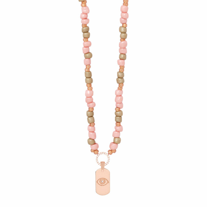 diane kordas Dusty Pink Beaded Necklace With ID Tag Pendant