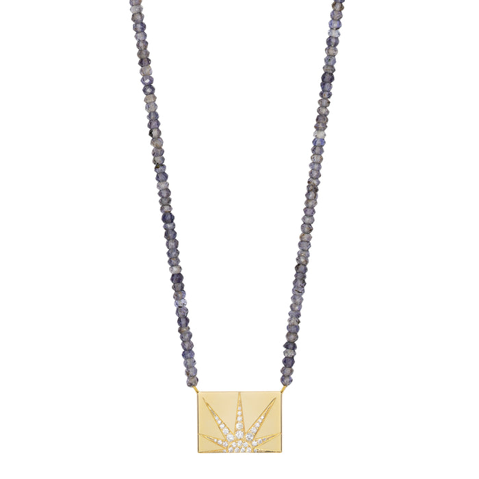 diane kordas Iolite Beaded Necklace with Rectangle Diamond Sun