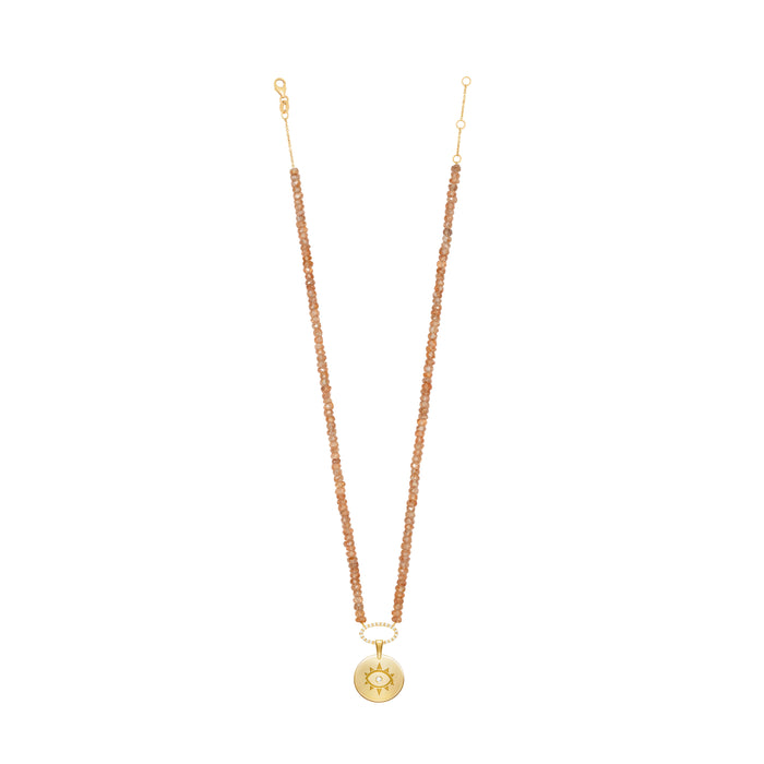 Diane Kordas Zircon Apricot Beaded Necklace With Coin Evil Eye Pendant