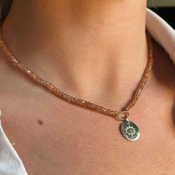 diane kordas Zircon Apricot Beaded Necklace with Coin Evil Eye Pendant