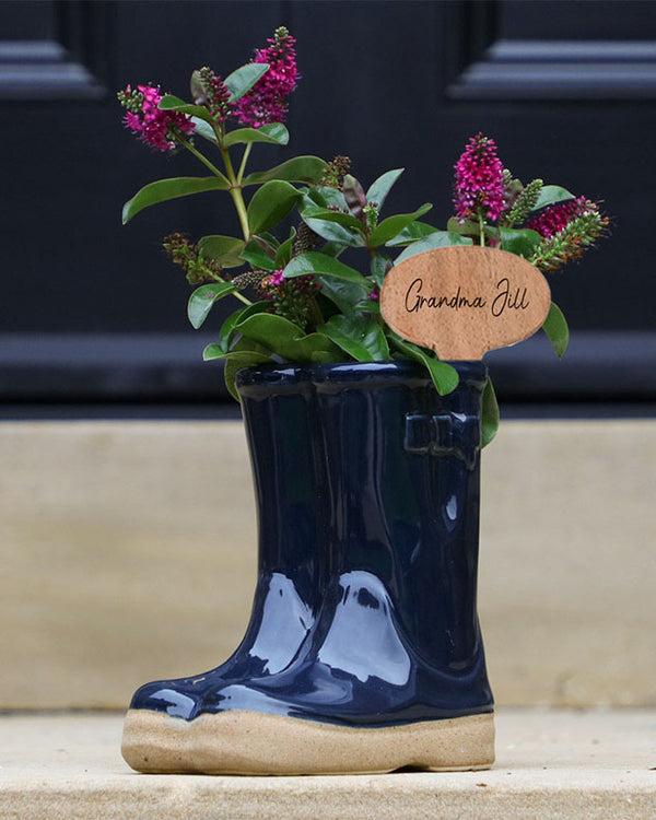 Dibor Blue Welly Boot Planter With Personalised Marker