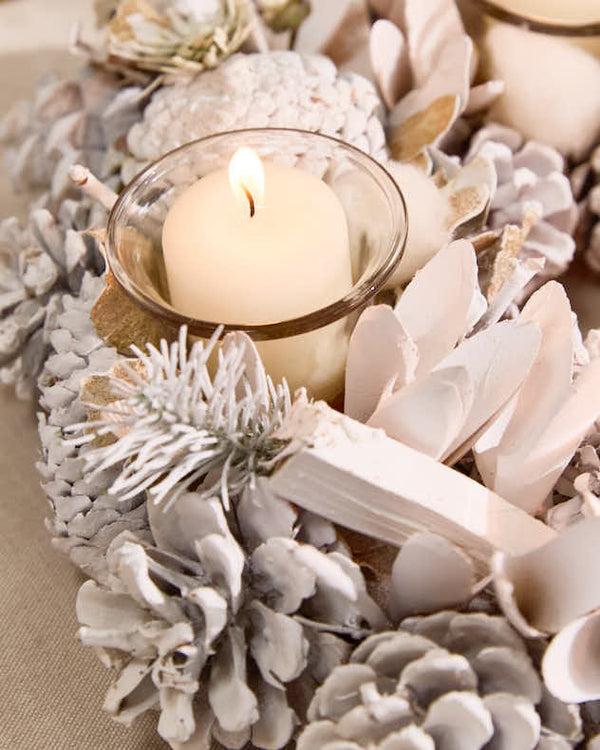 Dibor Christmas Tea Light Candle Holder Collection White Frosted Pine Cone Dining Table Centrepiece Tealight Lantern Seasonal Home Decor