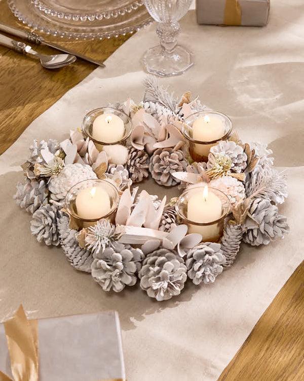 Dibor Christmas Tea Light Candle Holder Collection White Frosted Pine Cone Dining Table Centrepiece Tealight Lantern Seasonal Home Decor