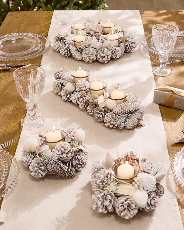 dibor Christmas Tea Light Candle Holder Collection White Frosted Pine Cone Dining Table Centrepiece Tealight Lantern Seasonal Home Decor