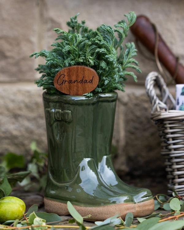 dibor Dark Green Welly Boot Planter with Personalised Marker