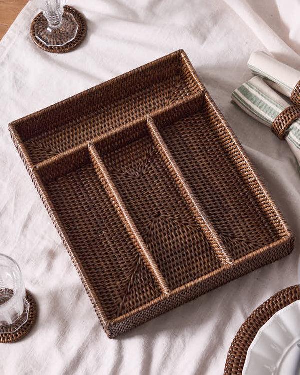 Dibor 4 Compartment Brown Rattan Cutlery Basket