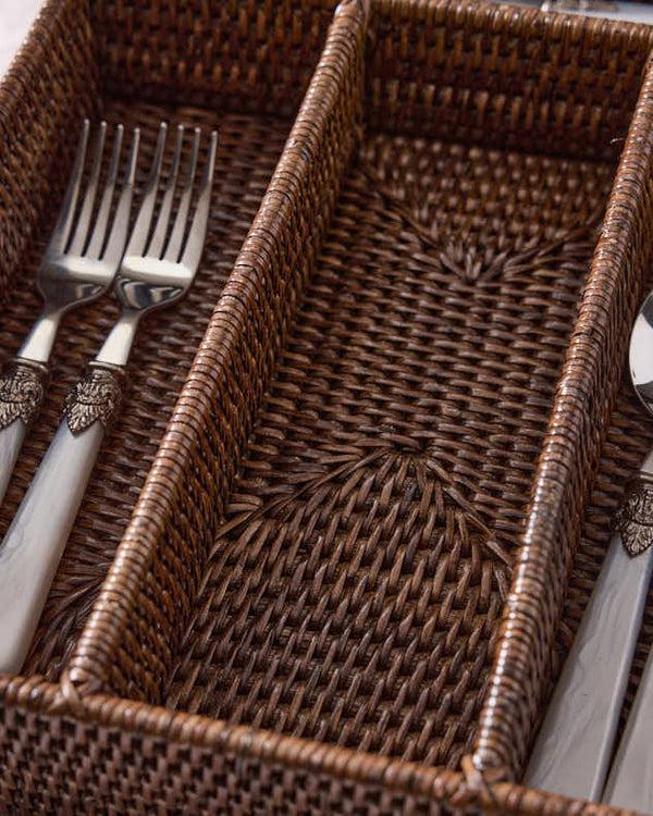 Dibor 4 Compartment Brown Rattan Cutlery Basket