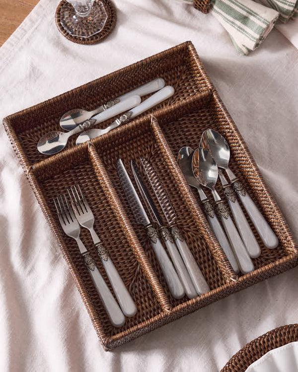 dibor 4 Compartment Brown Rattan Cutlery Basket