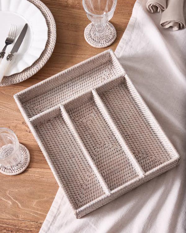 Dibor 4 Compartment White Rattan Cutlery Basket