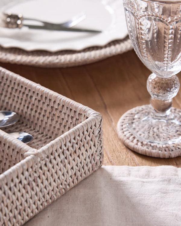 Dibor 4 Compartment White Rattan Cutlery Basket