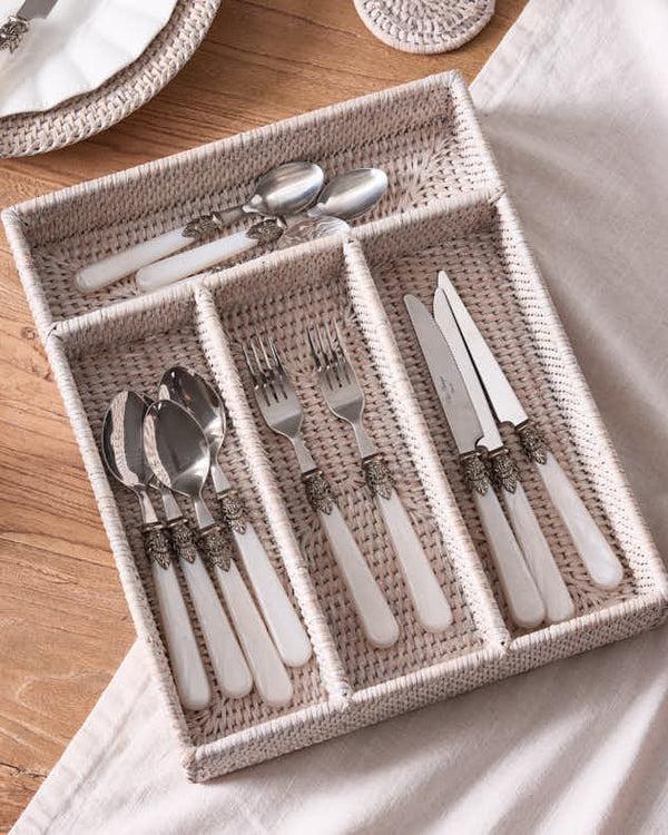 dibor 4 Compartment White Rattan Cutlery Basket