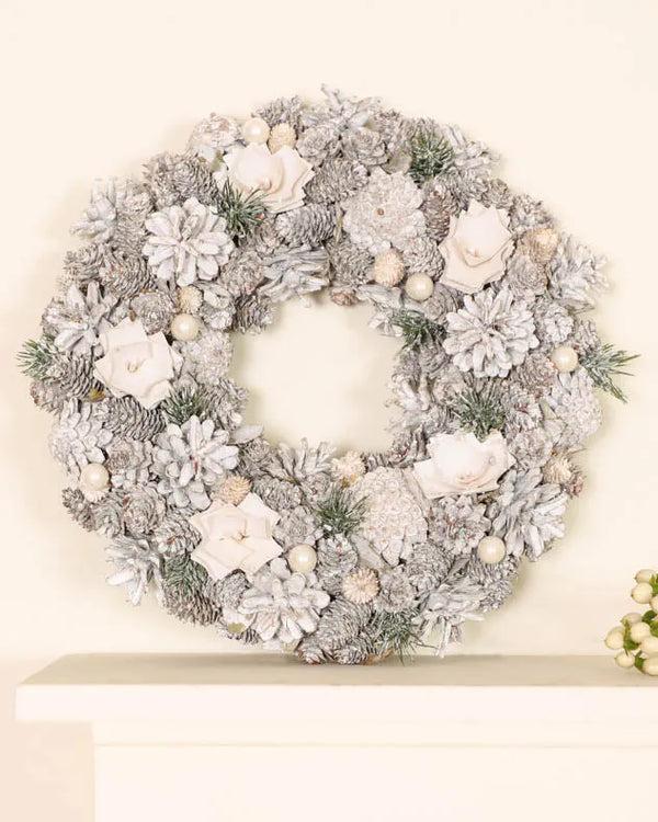 Dibor Frosted Flower & Pinecone Wreath 35cm
