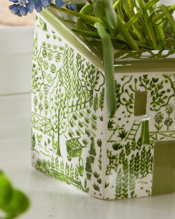 Dibor Green & White Painted House Planter
