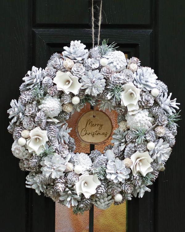dibor Personalised Frosted Flower & Pinecone Wreath