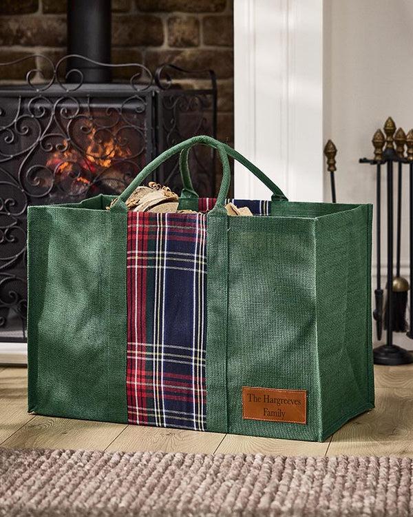 Dibor Personalised Green Tartan Jute Log Fire Bag