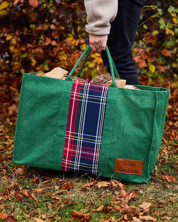 dibor Personalised Green Tartan Jute Log Fire Bag