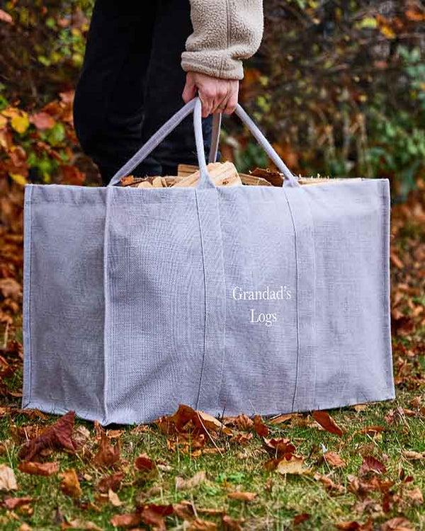 dibor Personalised Large Grey Jute Log Carrier
