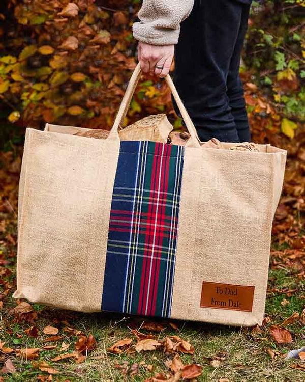 dibor Personalised Natural Tartan Jute Log Carrier