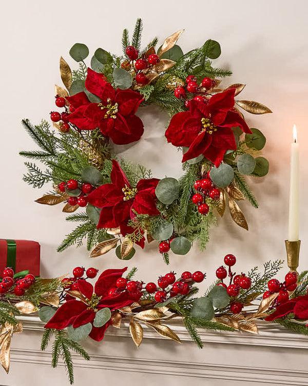 dibor Red Poinsettia Wreath and Garland