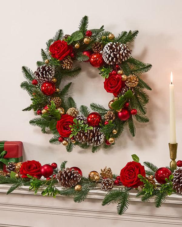 dibor Red Rose & Bauble Wreath and Garland