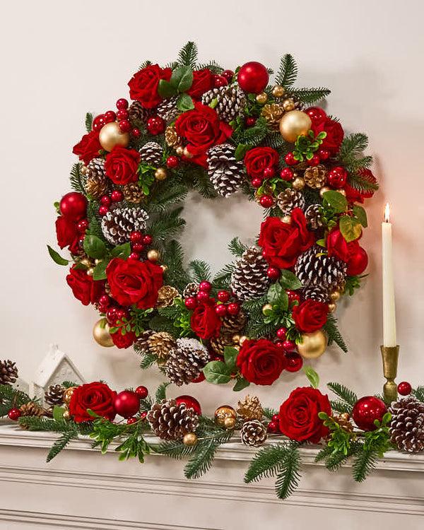 dibor Red Rose Wreath and Garland with Baubles