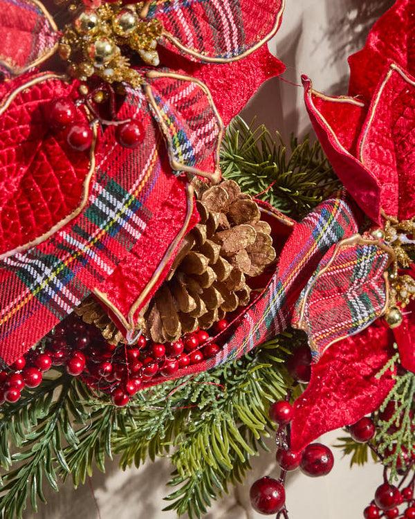 Dibor Red Tartan Poinsettia Wreath 58cm