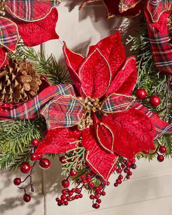 Dibor Red Tartan Poinsettia Wreath 58cm
