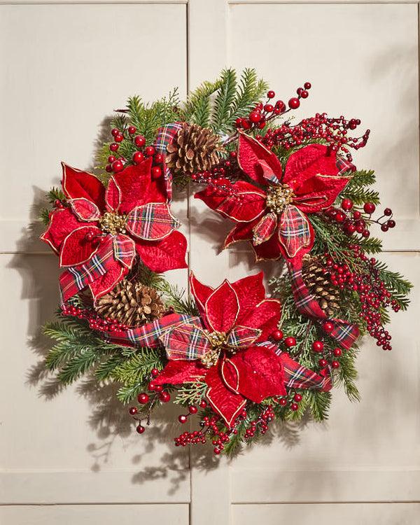 dibor Red Tartan Poinsettia Wreath 58cm