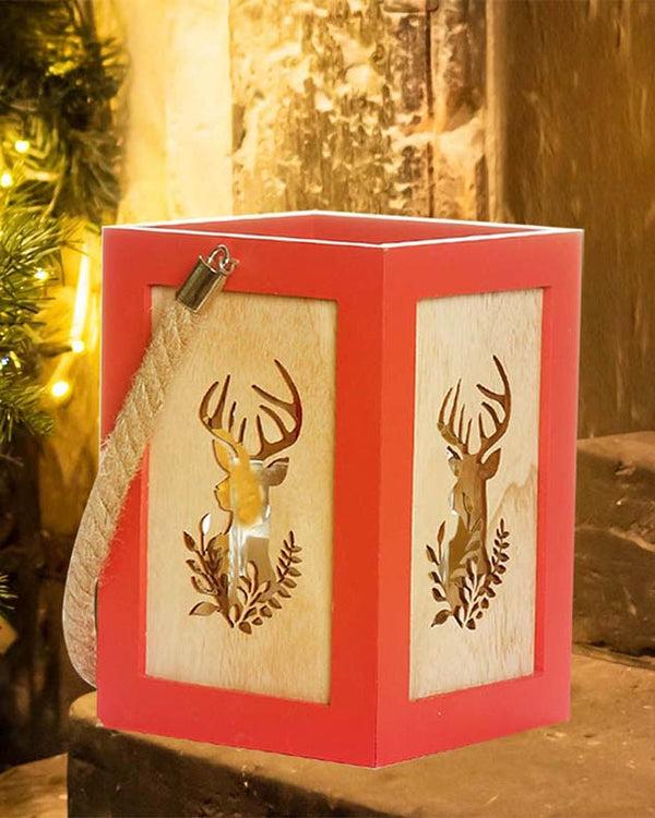 Dibor Red Wooden Stag Christmas Candle Lantern