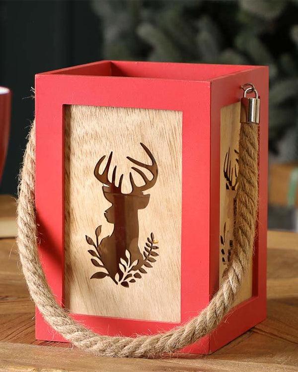 dibor Red Wooden Stag Christmas Candle Lantern