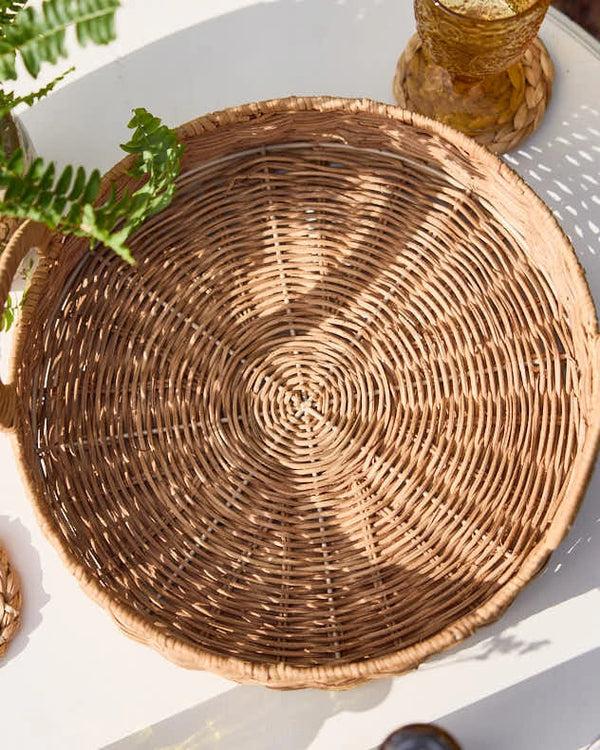 dibor Roscoe Round Rattan Tray with Handles