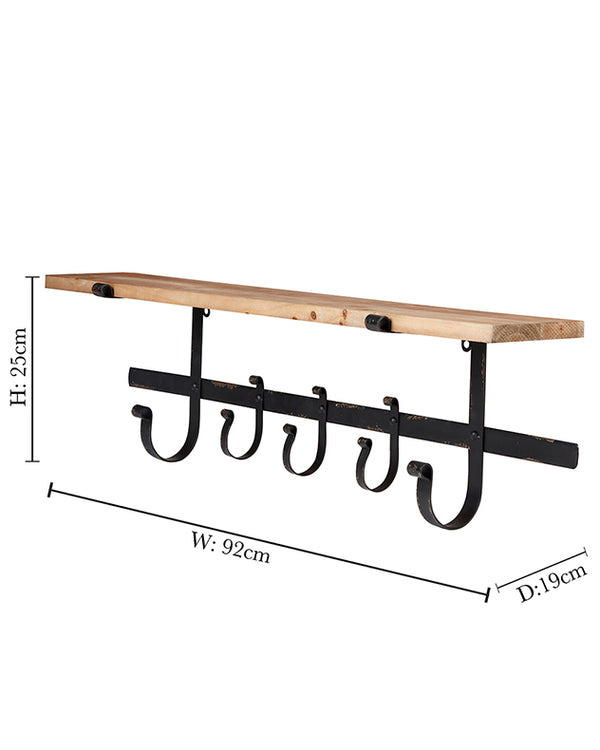 Dibor Rustic Pine 92cm Shelf With Hooks