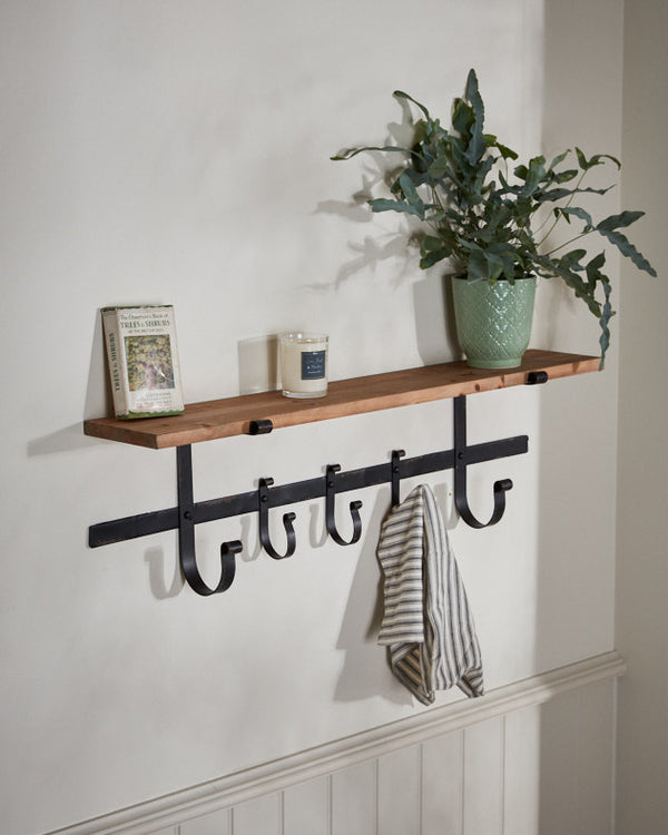 dibor Rustic Pine 92cm Shelf with Hooks