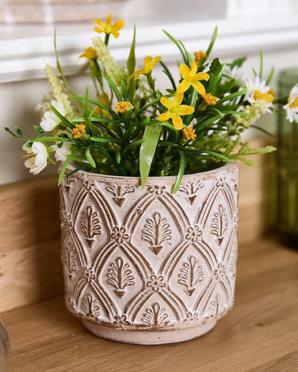 Dibor Set Of 3 Beige Textured Floral Plant Pots
