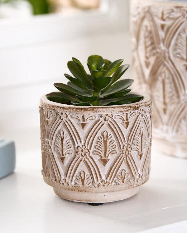 Dibor Set Of 3 Beige Textured Floral Plant Pots