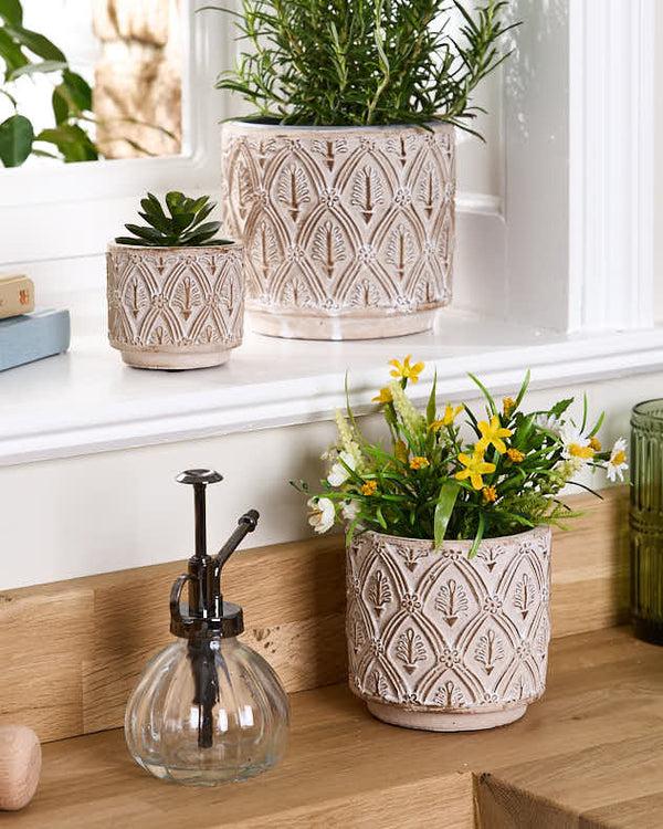 dibor Set of 3 Beige Textured Floral Plant Pots
