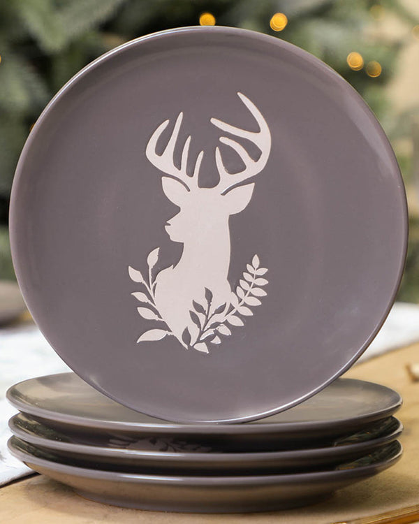 dibor Set of 4 Grey Stoneware Reindeer Side Plates
