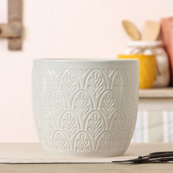 Dibor Stone Grey Botanical Embossed Plant Pot