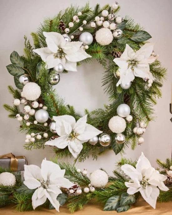 Dibor White Poinsettia Wreath And Garland